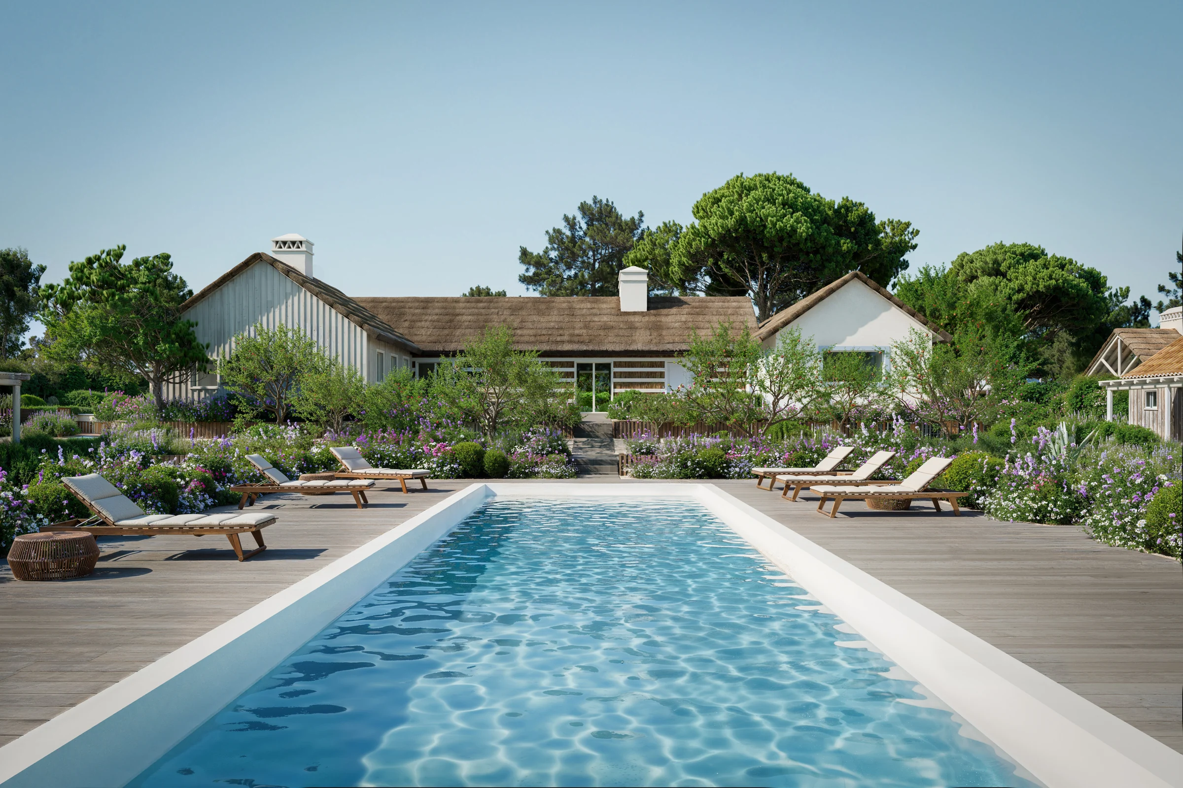 Visualização arquitetónica do Atlantic Club Comporta, com casa, piscina e jardim