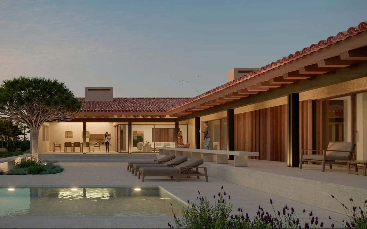 Visualização arquitetónica do pátio e da piscina da Casa da Colina