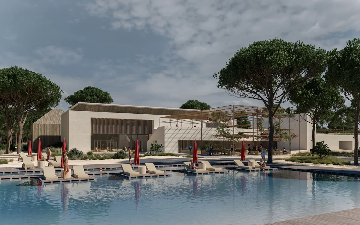 Visualização arquitetónica da proposta do Melides Boutique Hotel e piscina entre os pinheiros
